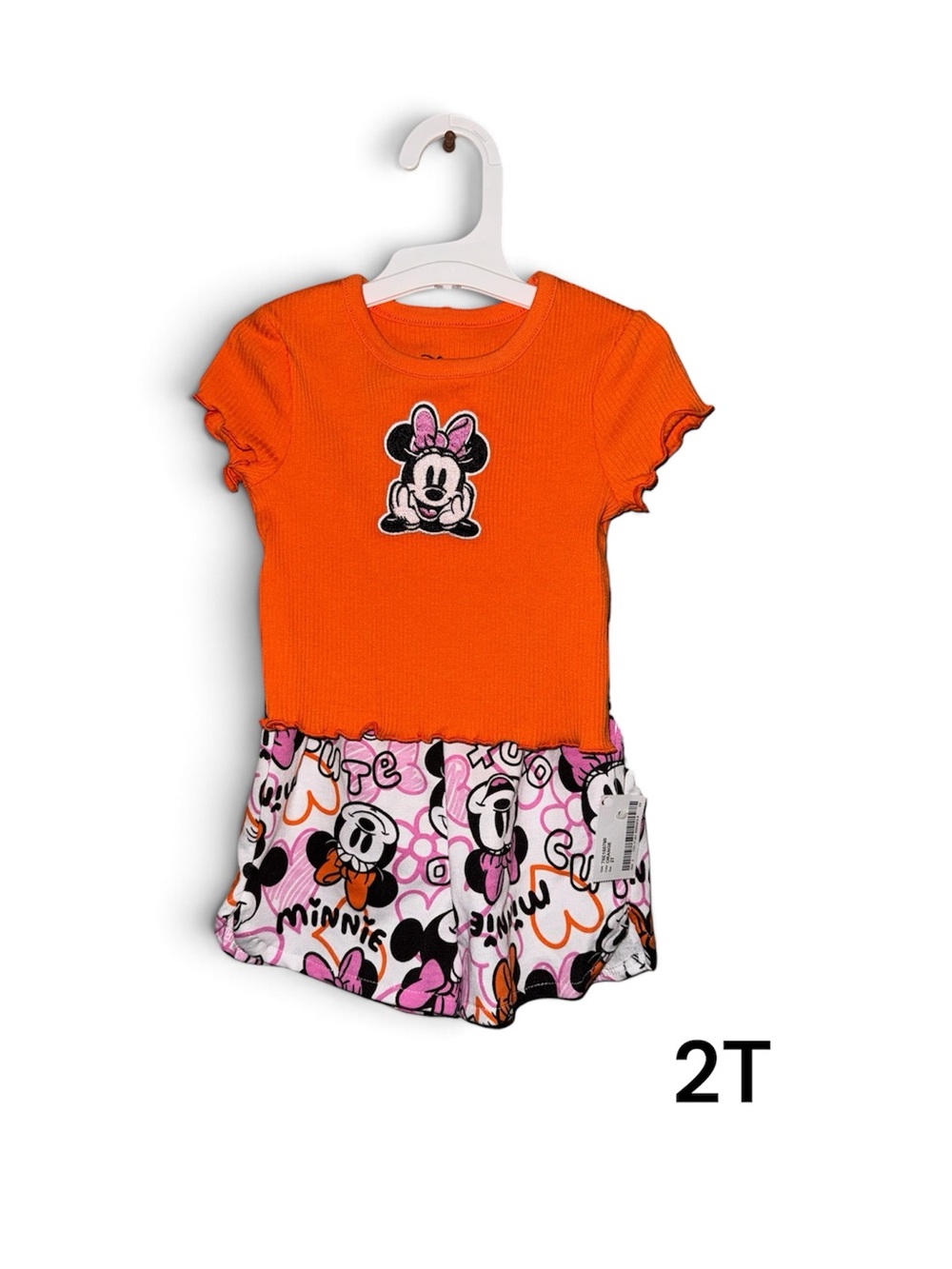 Girls Minnie Mouse Orange Top & Minnie Print Shorts Set